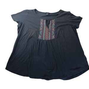 Architect Navy Embroidered Peasant Top 2X Boho Casual Pullover Short Sleeve